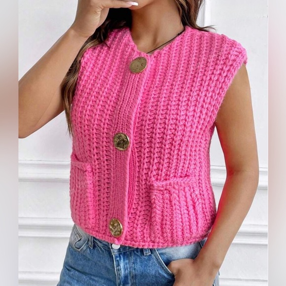 Sweaters - Sleeveless Chunky Knit Button Vest - Hot Pink